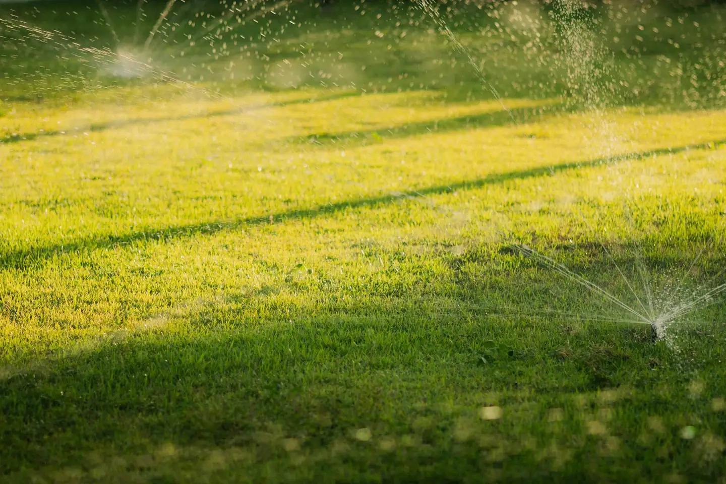 Sprinklers throwing water across a lawn in low sun